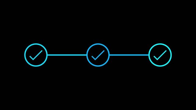 3 step infographic step by step process icon animation on black background, step process success with check marks. Step-by-Step Guide: Business Steps.
