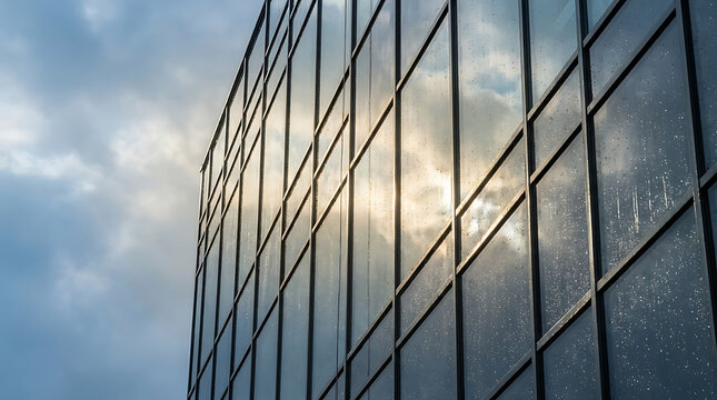 Modern architecture facade of a glass office building reflecting cloudy sky with bright sunlight