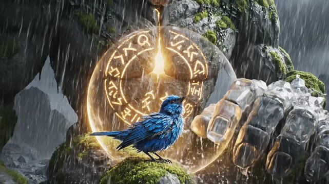 Giant Mossy Golem Guardian with Magical Orb and Blue Bird in Rain