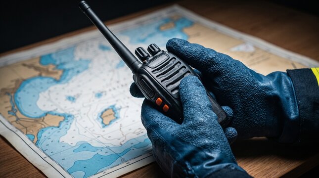 First responder hands in protective gloves holding walkie talkie radio over coastal nautical map, depicting emergency response, search and rescue operation, and tactical radio communication