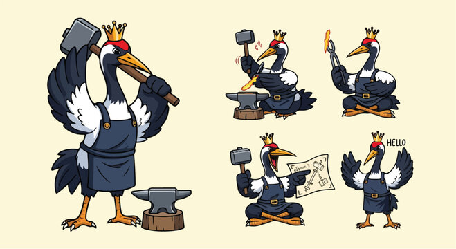 Set of cartoon red crowned crane blacksmith characters wearing aprons and crowns.