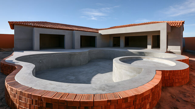 Freeform Swimming Pool under Construction with Brick Coping