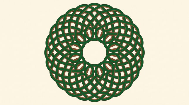 Celtic knot mandala illustration, green interlaced circular pattern, symmetrical geometric ornament on cream background, traditional knotwork graphic for branding