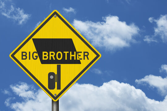 Surveillance camera icon with big brother text yellow warning sign with sky for license plate reader LPR