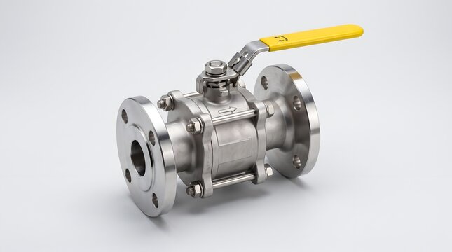 Industrial stainless steel ball valve with yellow handle on white floor