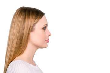 Profile portrait of serious concentrated girl isolated on grey background with copyspace empty place. Health care wellness wellbeing treatment concept © deagreez