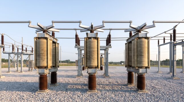 High voltage electrical substation equipment with large ceramic insulators outdoors