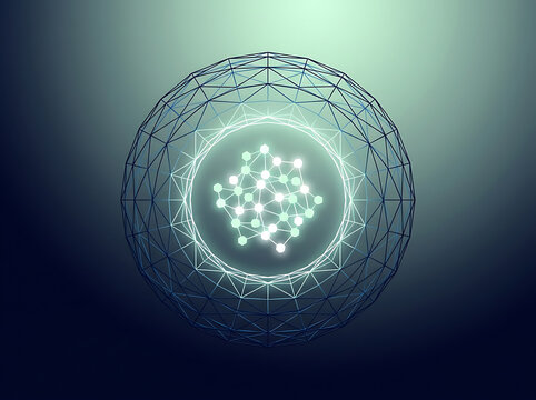 Digital Wireframe Sphere with Glowing Futuristic Network Core