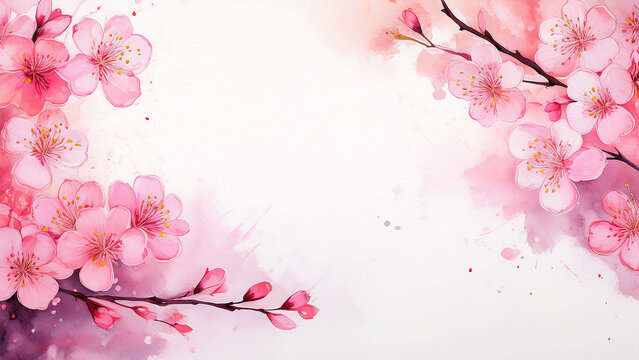 Watercolor pink cherry blossom branches with copy space on white background banner.