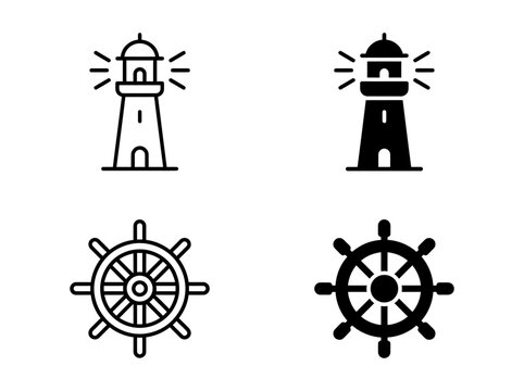 Set of lighthouse with glowing light and helm outline and solid vector icons