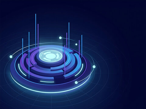 Futuristic Hologram Podium Stage with Glowing Cyber Light