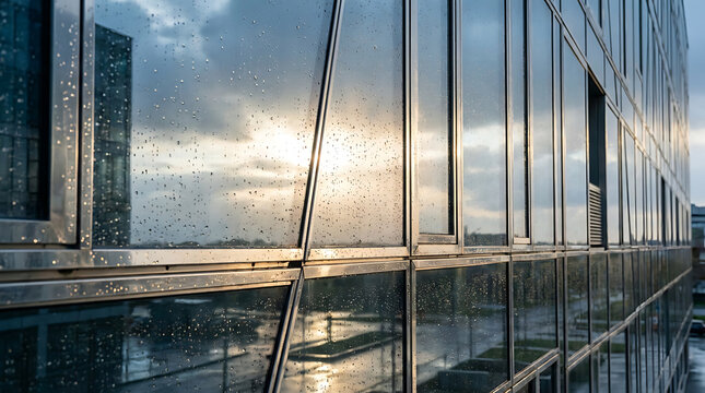 Modern Glass Facade of a Skyscraper Reflecting Sunset Sky After Rain with Water Droplets on Building Windows