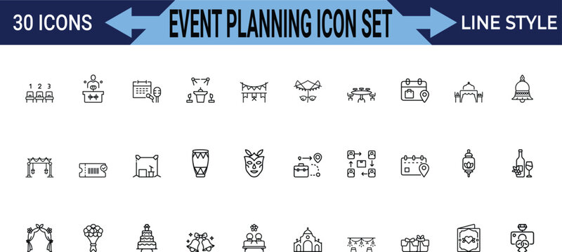 Event planning icon set outline style for various occasions and party essentials.