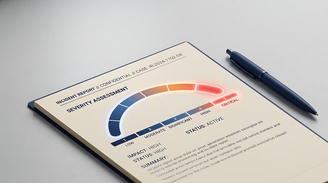 Incident report document on clipboard with risk severity assessment gauge and pen on desk