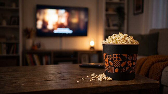 Cozy movie night at home with spooky seasonal popcorn bucket on rustic wooden coffee table in dark living room with TV background