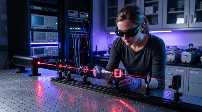 Female researcher wearing protective goggles adjusting laser optics assembly on breadboard table, conveying advanced photonics experiment, laser alignment, and quantum physics