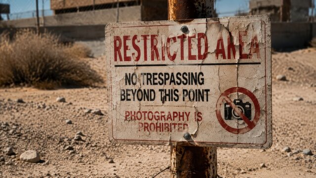 Close-up of a cracked and sun-bleached restricted area warning sign in an arid desert setting showing no trespassing and photography prohibited text on a corroded rusted metal pole