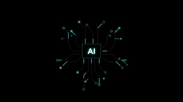 Futuristic Artificial Intelligence (AI) processor with glowing digital neural network animation on a dark background, symbolizing data processing and advanced technology.