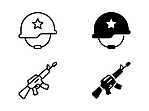 Military star helmet and assault rifle icons in outline and solid vector