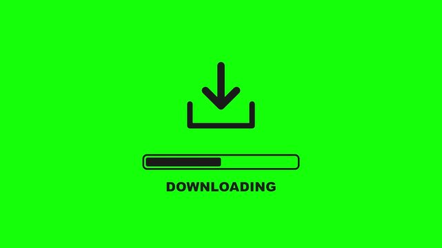 Digital download progress bar animation with an arrow icon on a vibrant green screen background, perfect for chroma key integration in technology and data transfer projects.