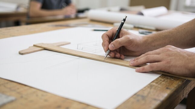 Close up of architect hands using T-square ruler and mechanical pencil to draft technical perspective line drawing on blueprint paper, symbolizing drafting and design