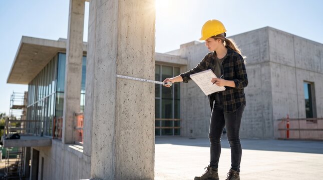 Female civil engineering student wearing yellow hard hat measuring concrete column with tape measure at modern construction site, representing structural inspection