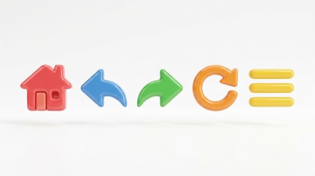 Set of colorful web navigation icons including home back arrow forward arrow refresh symbol and a menu list button