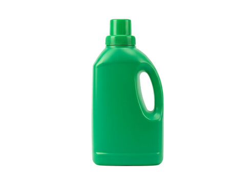 Green plastic bottle for laundry detergent liquid soap or fabric softener with a handle isolated on transparent background