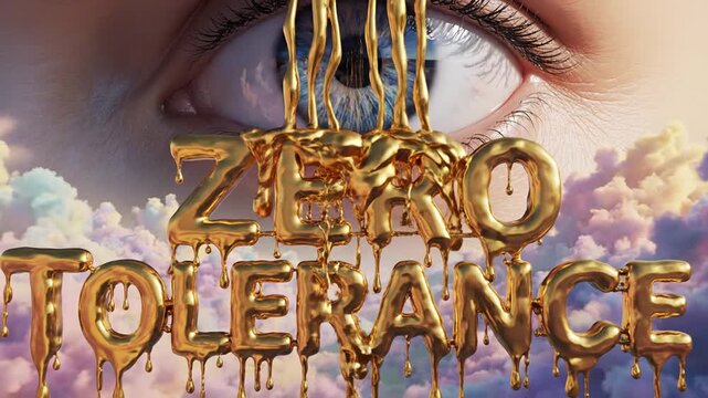 Golden Zero Tolerance Text Dripping Over Eye and Clouds