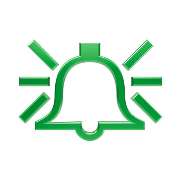 Glossy green 3d notification bell with sound waves for eco friendly alerts and reminders alarm isolated on a transparent background
