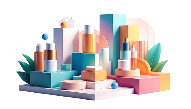 A vector illustration of a stylized product showcase, bold clean shapes with a vibrant complementary color palette, subtle gradient shading, isolated on transparent background