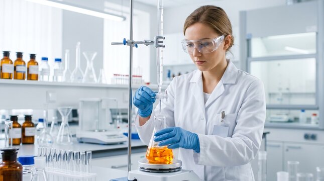 Female chemist in blue gloves carefully controlling buret stopcock during acid-base titration in laboratory, depicting analytical chemistry experiment and precise measurement