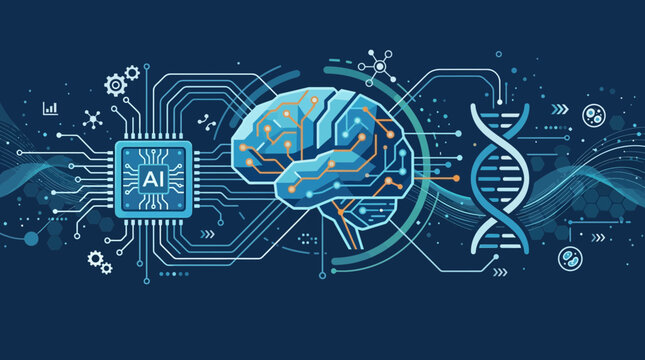 A conceptual Flat Design illustration depicting the convergence of Artificial Intelligence, DNA, and neuroscience, represented by a stylized brain connected to an AI chip and a DNA helix. 