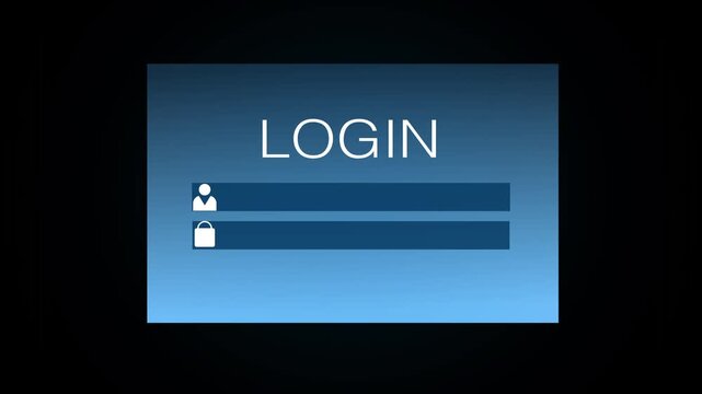 Blue login screen animation displays username and password bars. Cyber security access verifies on this blue login screen. Modern identity authentication checks the login screen.