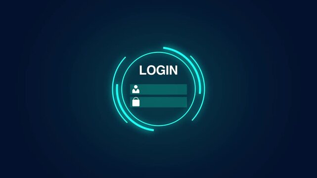 Turquoise login form animation shows user and password boxes on blue. Digital identity access verifies through the login form. Cyber account security clears the login form.