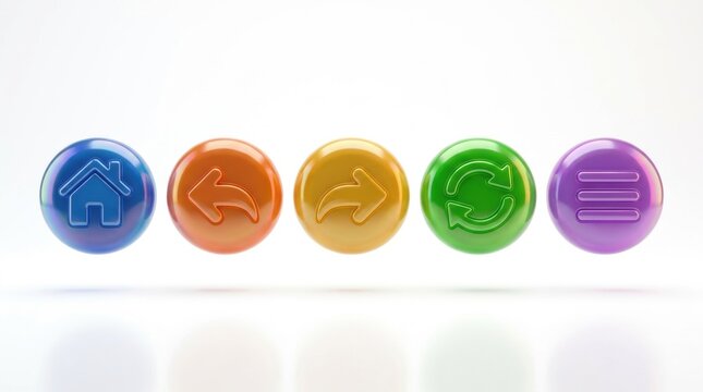 A row of five colorful round glossy buttons with different social media and communication icons isolated on white background