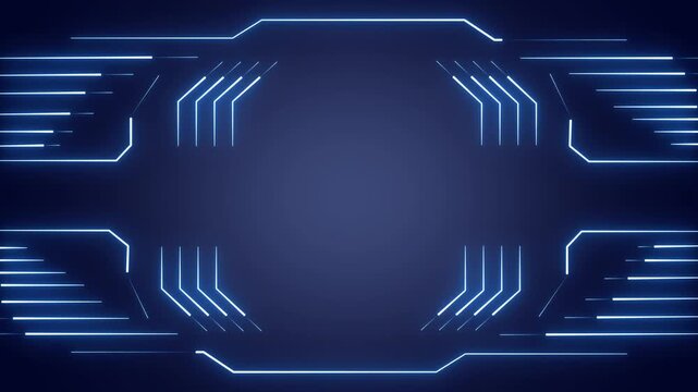 Futuristic blue neon frame animation glows around an empty center. High tech digital interface lines border the neon frame. Modern cyber screen overlays use the blue neon frame.