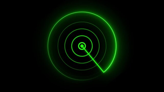 Green radar screen animation sweeps dynamic circular scan lines. High tech target tracking coordinates guide the radar screen. Cyber security surveillance monitors the radar screen.