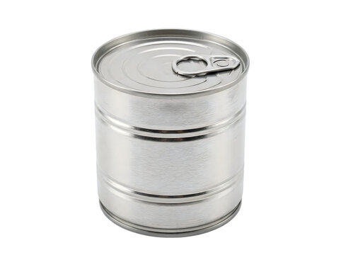Small metal tin can with a pull tab lid for food storage and preservation isolated on transparent background