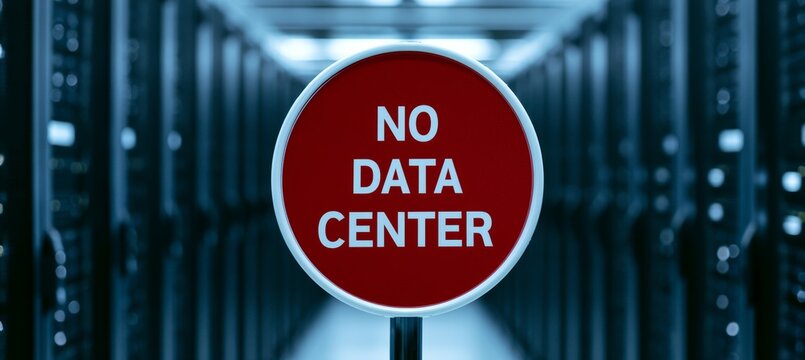 No data center sign on server room. Boycott resistance. Generative AI technology.