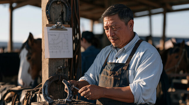 Farrier disassembling a worn horseshoe at a crowded thanksgiving country fair to study the hoof wear pattern, a hand drawn diagram of shoe sizing pinned to the stable post, single