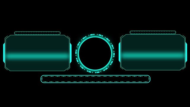 Turquoise HUD frame animation displays a circular target and bar. Modern cyber user interface panels shape the HUD frame. High tech screen telemetry operates on the HUD frame.