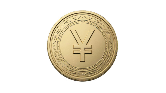 A single shiny gold coin featuring the japanese yen or chinese yuan currency symbol embossed on the face isolated on a transparent background