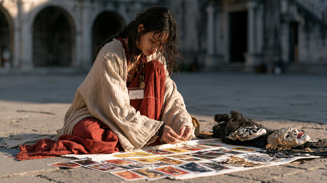 Tarot reader assembling decorative opera themed card display components step by step in an empty desolate courtyard her name badge catching the last light as she positions