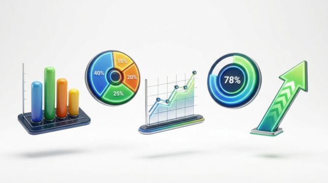A collection of colorful 3d business data visualization charts including bar graphs pie charts and growth arrows on white