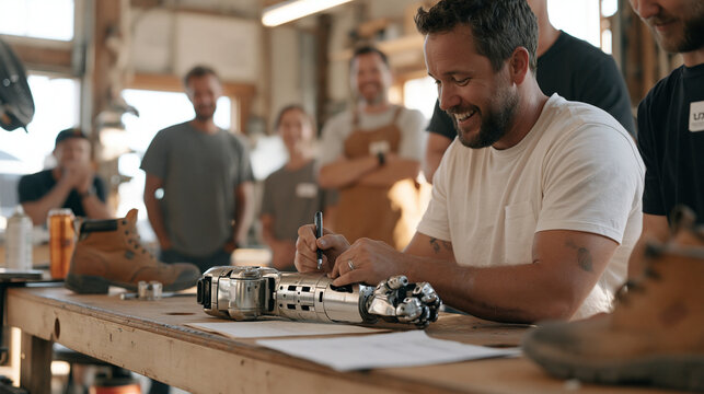 A product manager signs off on a completed prosthetic robotic limb prototype in a modest home workshop, a worn pair of work boots beside the bench where a small group of engineers