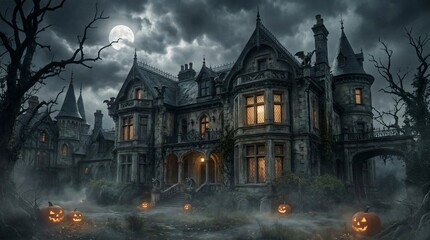Obraz premium Spooky Gothic Haunted Mansion at Night with Full Moon, Glowing Jack-o-lanterns and Foggy Atmosphere