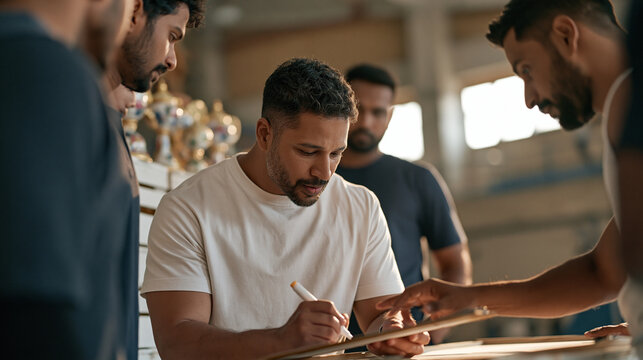 A kabaddi team sharpens competition strategy before a raid drill in a warmly lit indoor arena, a multicultural group of athletes beside stacked crates of porcelain painted