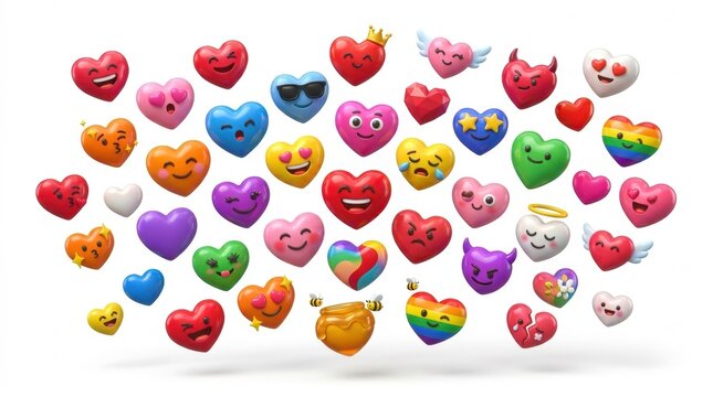 A large collection of colorful 3d heart icons and emojis with various facial expressions isolated on a white background
