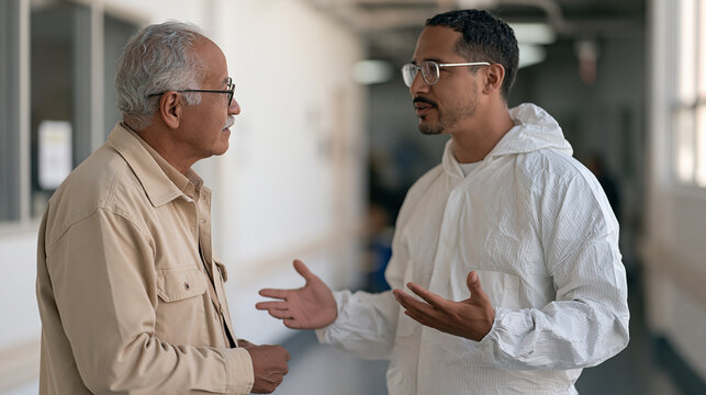 A copper refinery floor worker in full protective gear apologizes to a supervisor in a hospital corridor, an elderly technician listening carefully as the younger worker gestures